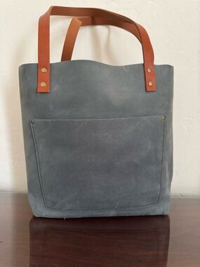 Portland Leather Medium Tote Brushed Storm Gray Tan Handles Limited Edition